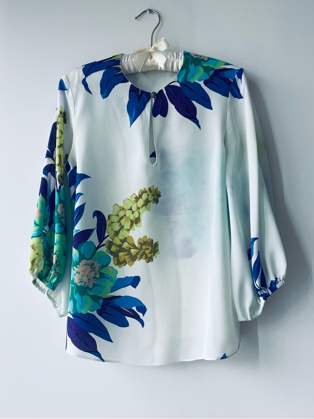ETRO Silk Blouse, White w/Blue Green Flowers Pattern, Size 40 IT, Made in Italy